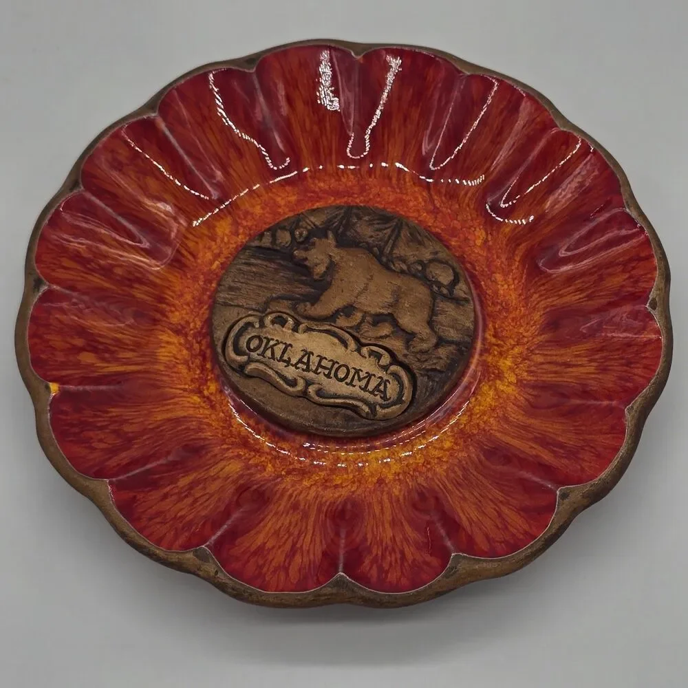 Vintage Treasure Craft Oklahoma Souvenir Dish Red Orange Bear